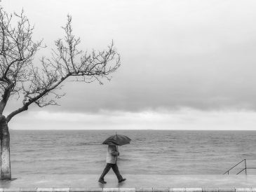 A solitary person with an umbrella walks along a seaside road in gloomy weather.